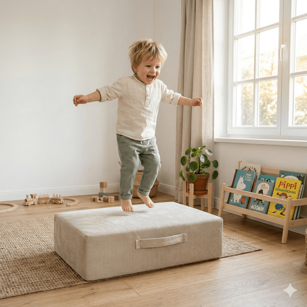 Boy jumping on AngeLove bouncing cushion in Scandinavian room